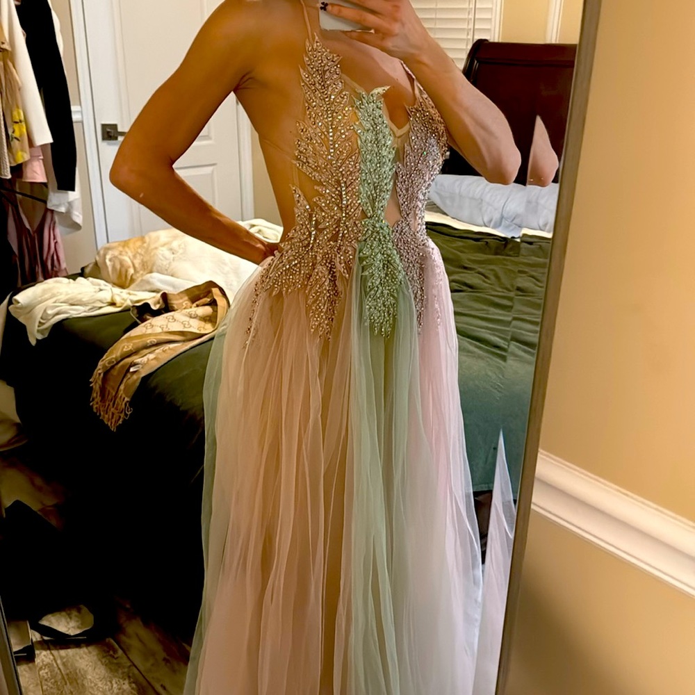 Terani couture with tags multicolor tulle dress